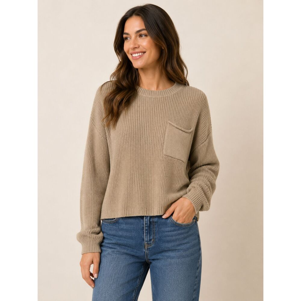 Caracilia Women's S Tan Ribbed Knit Sweater Crew Neck Chest Pocket